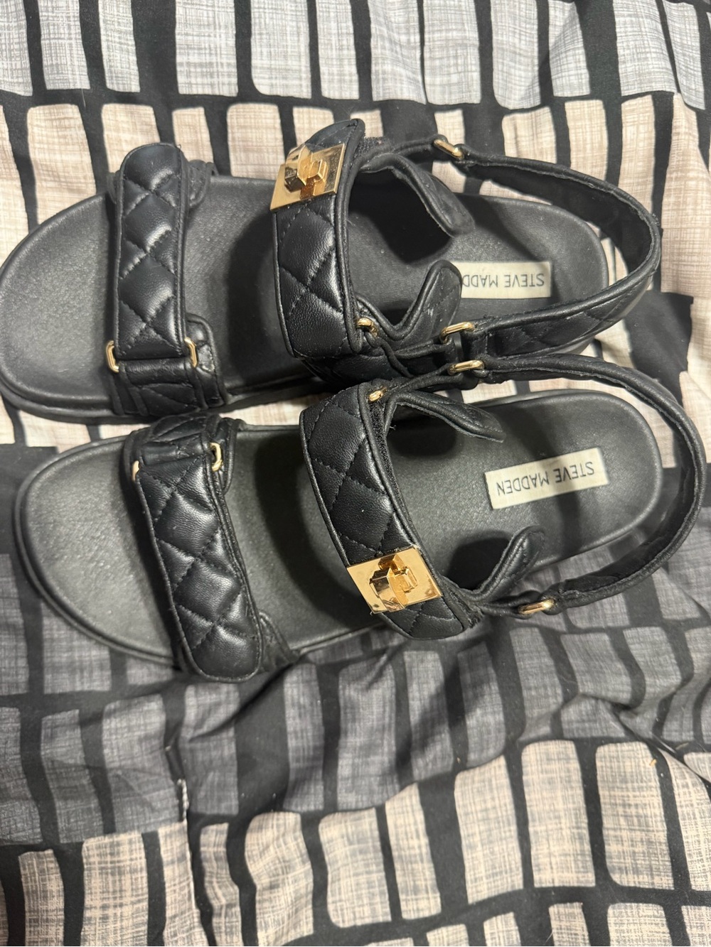 Steve Madden Black Quilted Leather Slingback Sandals with Gold Hardware